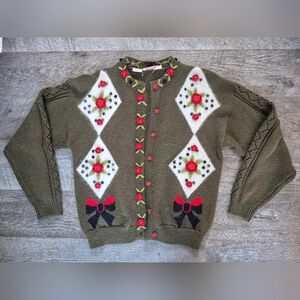Vintage Renè Derhy Cottagecore Wool Knit Sweater Roses Applique Bows And Hearts